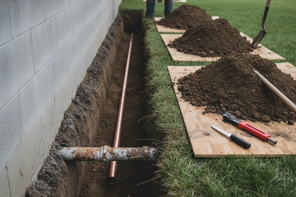 Excavated water line trench during Sewer Line Repair in Hamden
